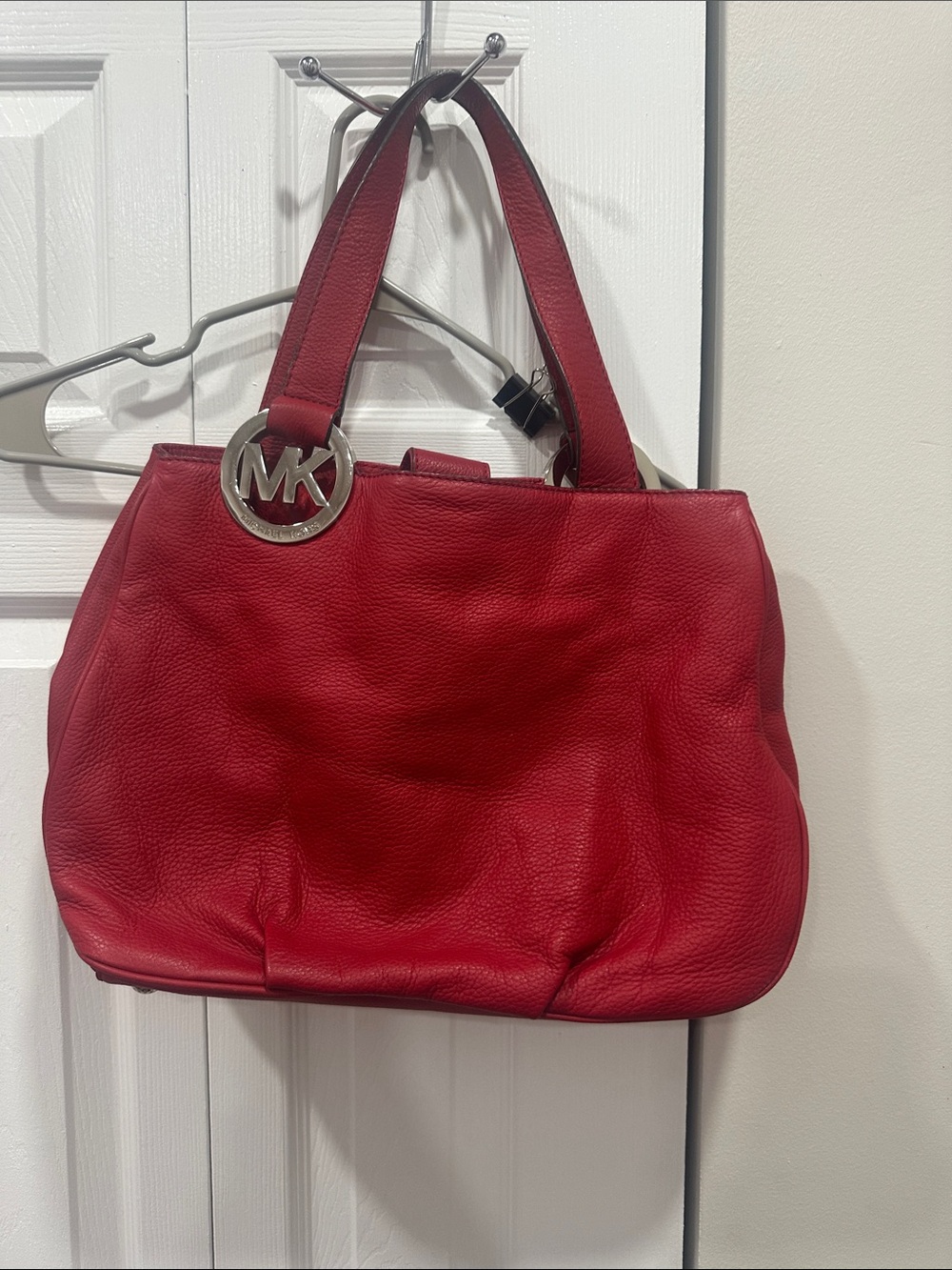 Michael Kors Red Pebbled Leather Tote with MK Charm